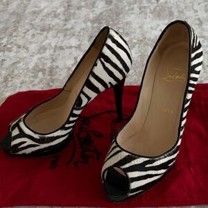 Christian Louboutin Fur 4.5” Zebra Print Peep Toes